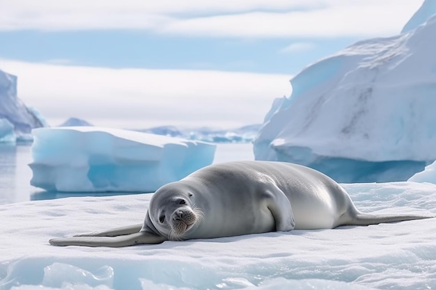 남극 대륙에서 졸린 게잡이 바다표범과의 매혹적인 눈높이 만남