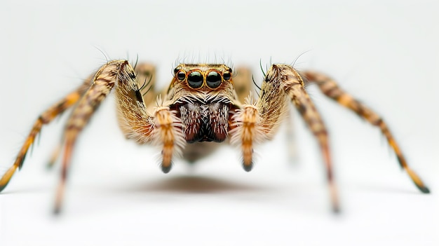 A captivating eyelevel shot of a spider captured in perfect focus and depth of field showcasing intricate details