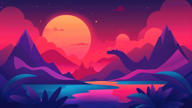 Photo captivating of a fantastical dreamlike landscape featuring silhouetted mountain peaks against a moody colorful night sky with a glowing moon and twinkling stars