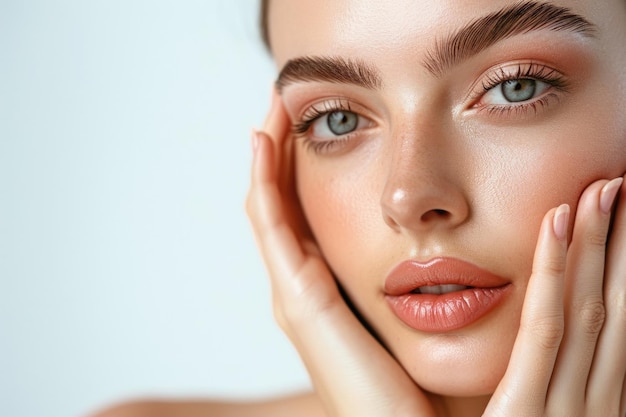 A captivating female beauty portrait showcasing a flawless complexion alluring eyes and elegant makeup emphasizing her natural charm and sophistication in a studio environment