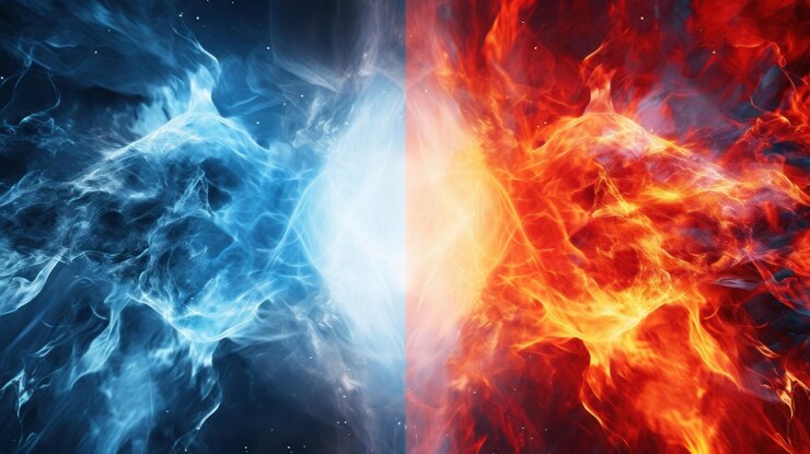 A captivating fire and ice hand concept representing duality and contrast