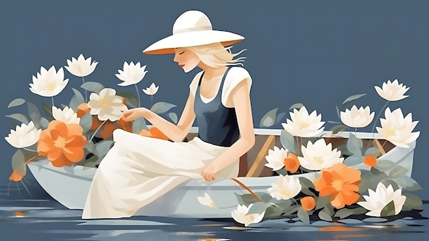 Captivating Floral Still Life Lively Minimalist Illustrations of a Young Girl in 2D