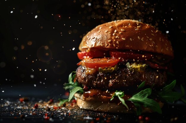 Photo captivating gourmet burger featuring a succulent beef patty crisp lettuce ripe tomatoes and a sesame seed bun