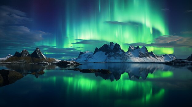 Photo captivating green aurora reflecting off water and mountains