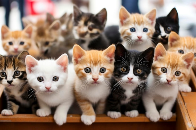 Captivating group portrait of multiple adorable kittens showcasing their charm and unique personalities