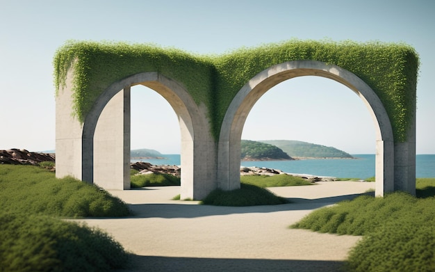 Foto accattivante armonia, eleganza geometrica con podio ad arco, luce naturale e serena vista sul mare