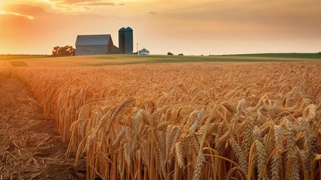 Photo a captivating harvest scene where the bountiful fields are bathed in the warm golden glow of the s