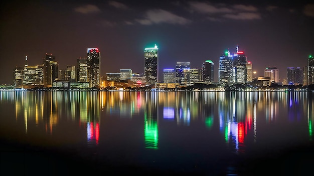 A captivating high vantage point view of a city skyline with shimmering lights reflected on a river