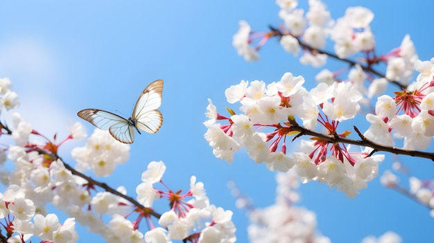 Captivating highresolution image of blossoming cherry branches and butterflies against blue sky