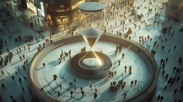 Фото Увлекательные песочные часы в центре процветающей городской площади, захватывающие вечный поток времени и людей