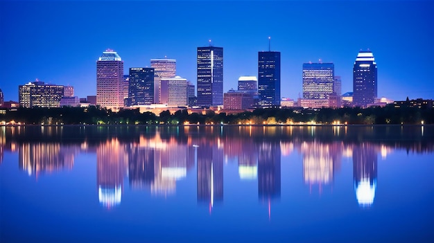 Photo a captivating illuminated cityscape reflected on water during the tranquil twilight blue hour