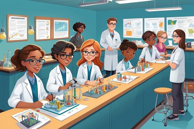Увлекательная иллюстрация студентов на научной ярмарке в лаборатории