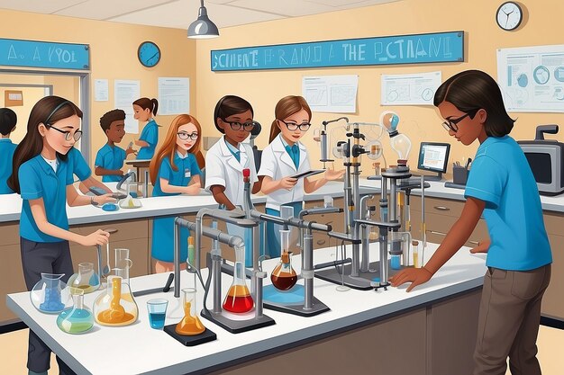 Photo captivating illustration students in science fair at lab