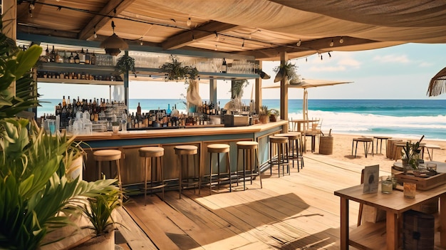Захватывающий образ пляжной гавани, сочетающий современный дизайн с захватывающим видом на океан для незабываемого отдыха в пляжном клубе.