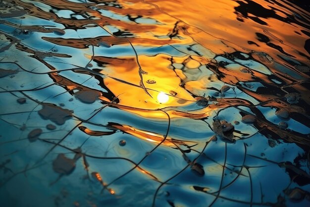 Захватывающее изображение, на котором запечатлено сияющее отражение солнца на поверхности воды. Абстрактное зеркальное отражение заката. Сгенерировано AI.