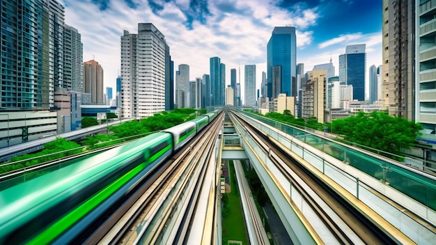Захватывающее изображение ультрасовременного поезда на магнитной подвеске в действии, демонстрирующее будущее устойчивого и эффективного общественного транспорта.