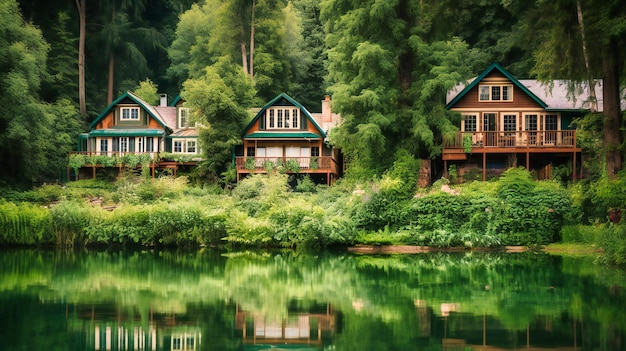 A captivating image of exclusive cottages nestled along a tranquil river offering a serene escape from everyday life