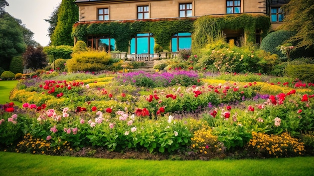 Захватывающий образ изысканной загородной усадьбы в окружении пышных садов и великолепных красочных пейзажей.