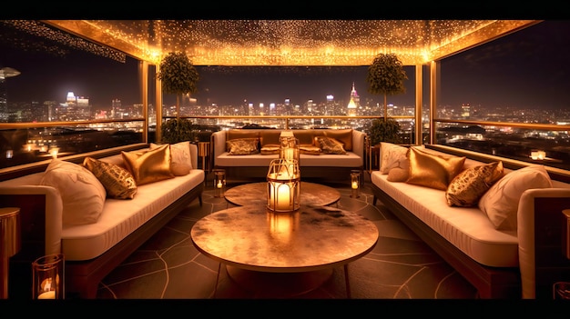 A captivating image of an extravagant rooftop lounge providing a magical and sumptuous setting for a luxurious summer evening