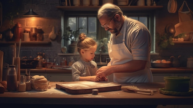 요리 경험을 공유하는 주방에서 요리하거나 굽는 아버지와 자녀의 매혹적인 이미지