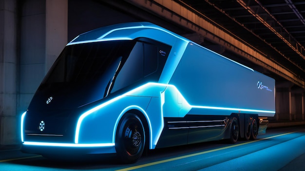 Photo a captivating image of a futuristic electric cargo truck demonstrating the sustainable transformation of the freight transportation industry