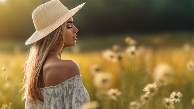 여름 꽃 들 을 배경 으로 한  모자 를 입은 소녀 의 매혹적 인 이미지