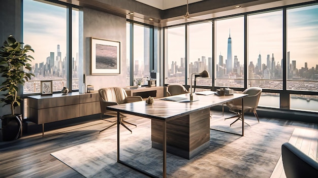 Захватывающий образ роскошного офиса в пентхаусе, сочетающего элегантный дизайн с впечатляющим видом для исключительной деловой обстановки.