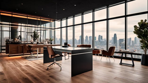 A captivating image of a luxurious executive office featuring breathtaking city views and highend design elements