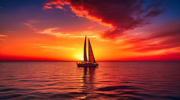 A captivating image of a luxury catamaran sailing towards the sunset creating an enchanting and serene atmosphere