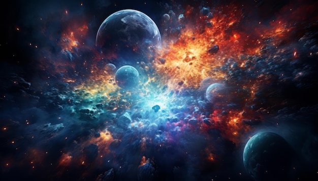 遠くの輝く惑星と抽象的な爆発で 魅力的な星空の魅力的な画像