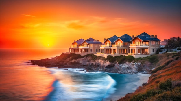 A captivating image of opulent ocean view villas illuminated by a mesmerizing golden sunset offering a serene and luxurious atmosphere