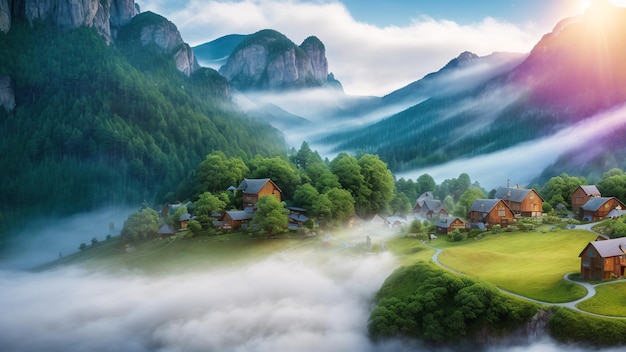 A Captivating Image Of A Small Village In The Mountains AI Generative