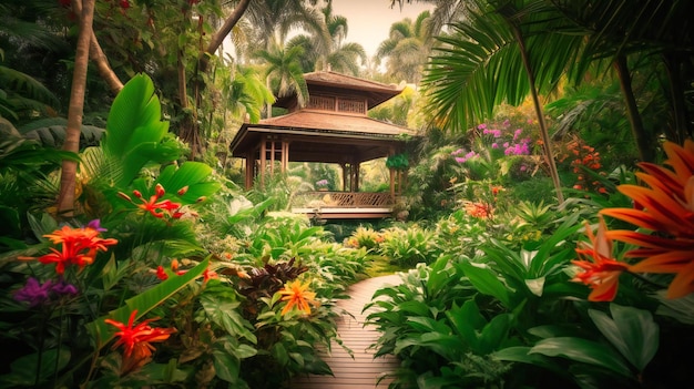 A captivating image of a sumptuous summer villa surrounded by a lush tropical garden offering a private sanctuary for relaxation