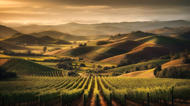 A captivating image of a thriving vineyard with gracefully undulating hills in the background