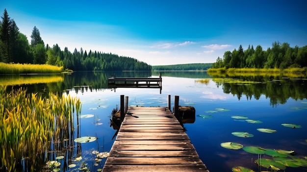 A captivating image of a tranquil lakeside setting with a wooden dock inviting visitors to enjoy a perfect summer day