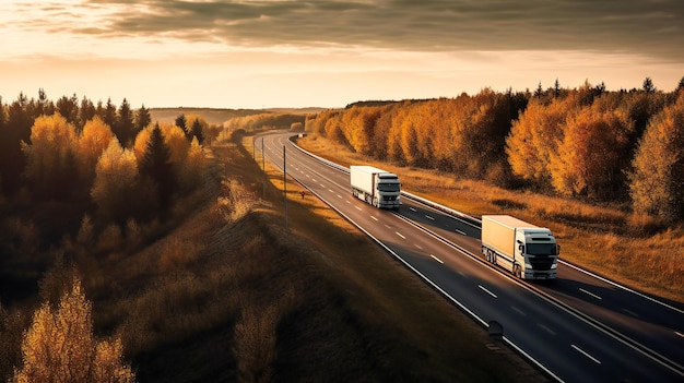 A captivating image of trucks overtaking on a rural highway illustrating the seamless coordination of modern transportation