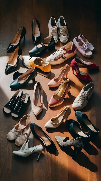 A captivating image of various pairs of shoes arranged artistically on a wooden floor
