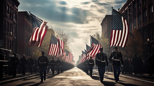 A captivating image of a veteran's parade with flags marching bands and a sense of patriotic prid