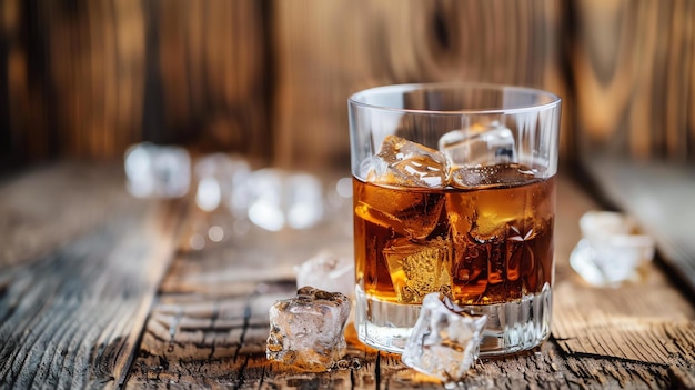 Photo a captivating image of a whiskey glass adorned with ice showcased on a charming rustic wooden table the perfect visual representation of relaxation and elegance