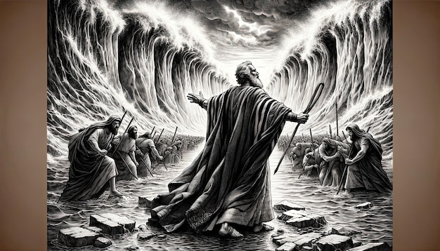 Captivating ink drawing of Moses parting the Red Sea dramatically