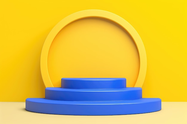 Captivating kid's product presentation saturns blue arch adorned step stage on vibrant yellow bac