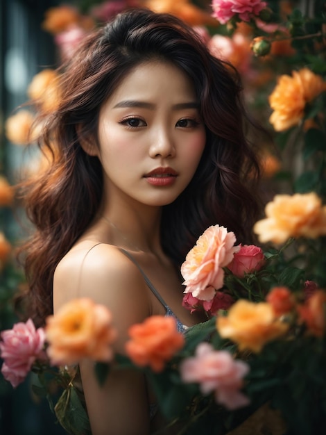 Captivating korean women adorned with lovely flowers and enchanting smiles