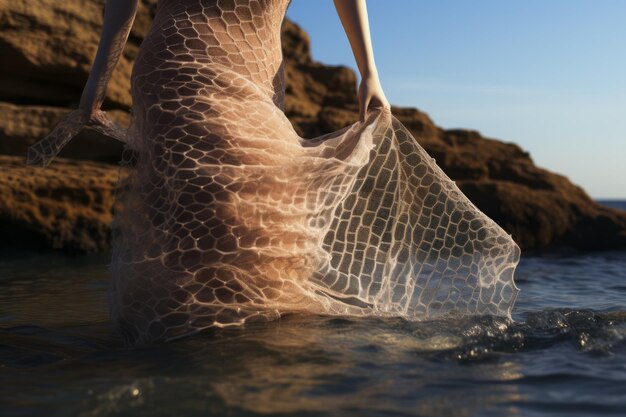 Photo captivating landscape mesh fishtail net reflecting near serene waters ar 32