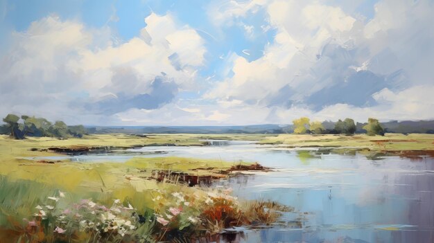 Photo captivating landscape river flowers and clouds in mark lague39s style