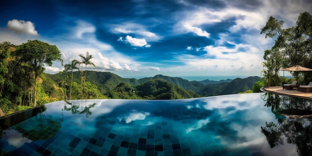 A captivating lavish infinity pool overlooking a breathtaking landscape in a summer hillside escape