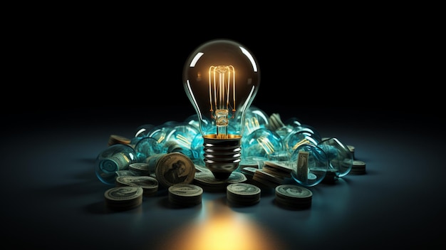 captivating light bulb shining on a pile of coins and banknotes in the style of outlandish energy