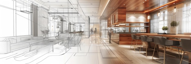 Photo a captivating line drawing showcasing the seamless integration of a modern kitchen and elegant dinin