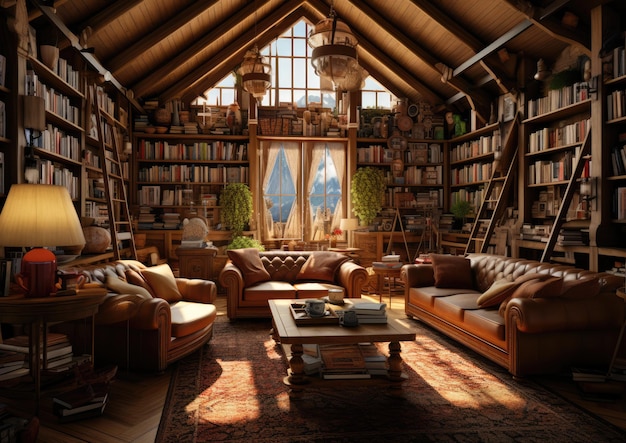 Увлекательная гостиная с книжными полками с потолком и потолком, наполненными книгами различных жанров.