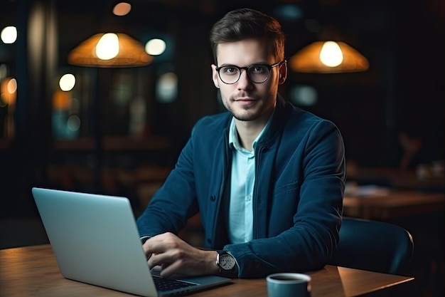 Captivating Man in Glasses Masters the Office Game Blue Shirt Dark Jacket and a Promising Laptop