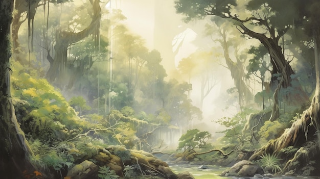 A captivating misty forest landscape illustration Generative AI image